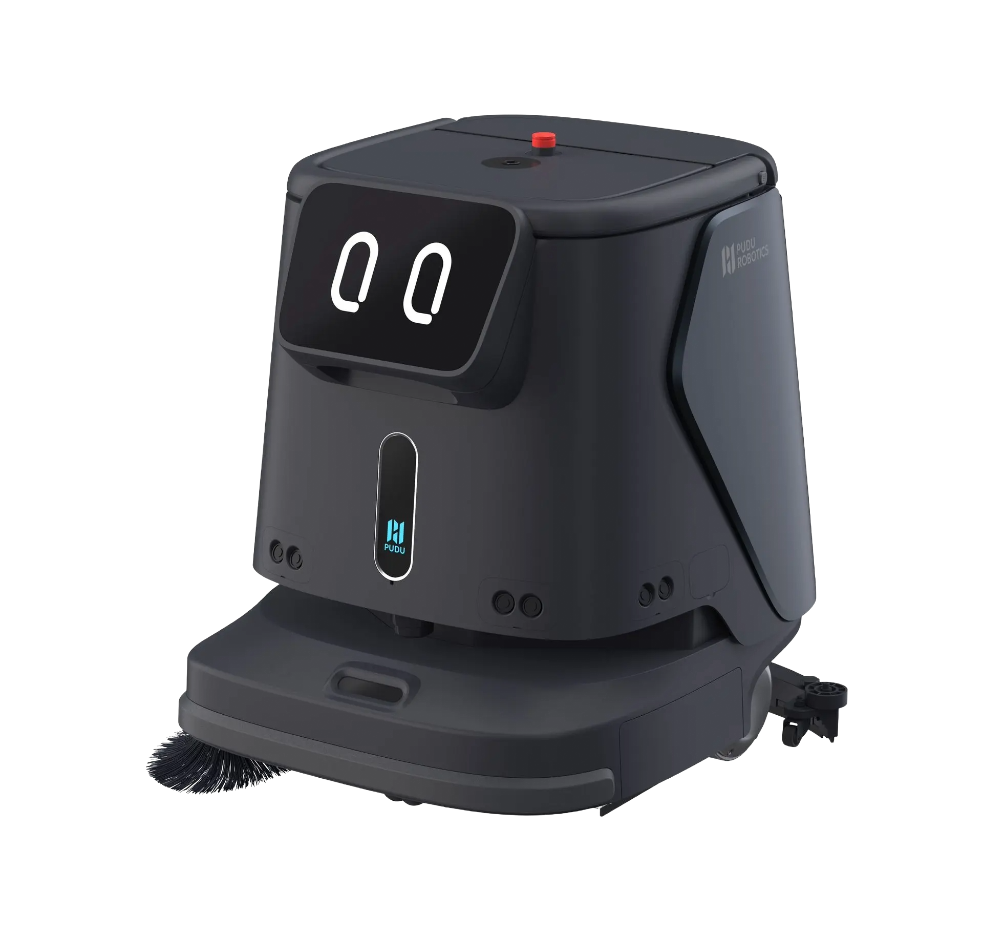 PUDU CC1 autonomous commercial cleaning robot — sleek multi-function unit with sweeping, mopping, scrubbing and vacuuming capabilities, equipped with SLAM navigation and ergonomic extendable handle